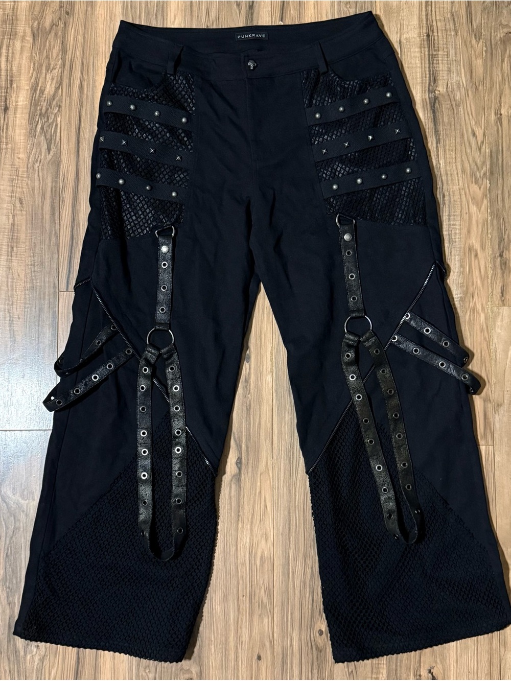 Punk Rave WK-602XCM Gothic Wide Leg Pants 2XL Straps Mesh